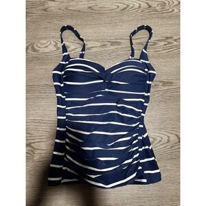 NipTuck Swim Tankini Top‎ Blue White Striped Ruched Swimsuit Women's size 4